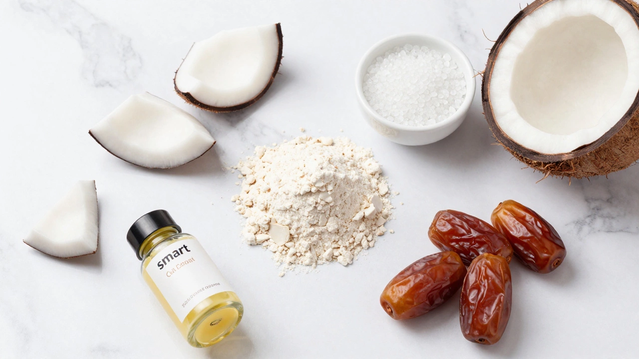 Набор полезных ингредиентов: миндальная мука, эритритол, финики и какао-масло на мраморе