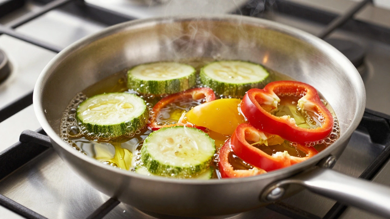 Обжаривание овощей на смеси оливкового и подсолнечного масел в сковороде