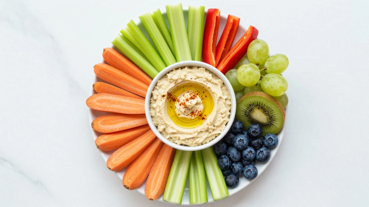Овощные палочки с хумусом и нарезка свежих фруктов