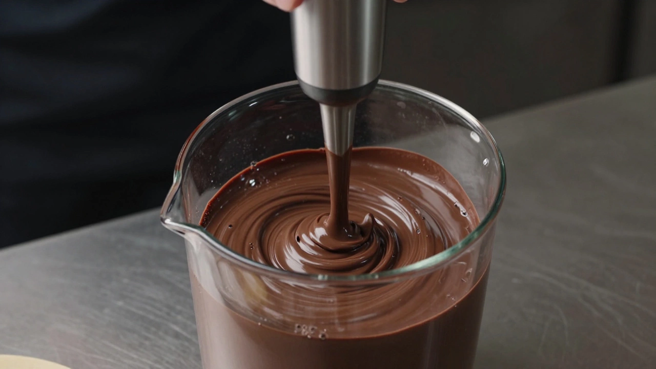 Погружной блендер взбивает гладкую шоколадную глазурь в стеклянном стакане