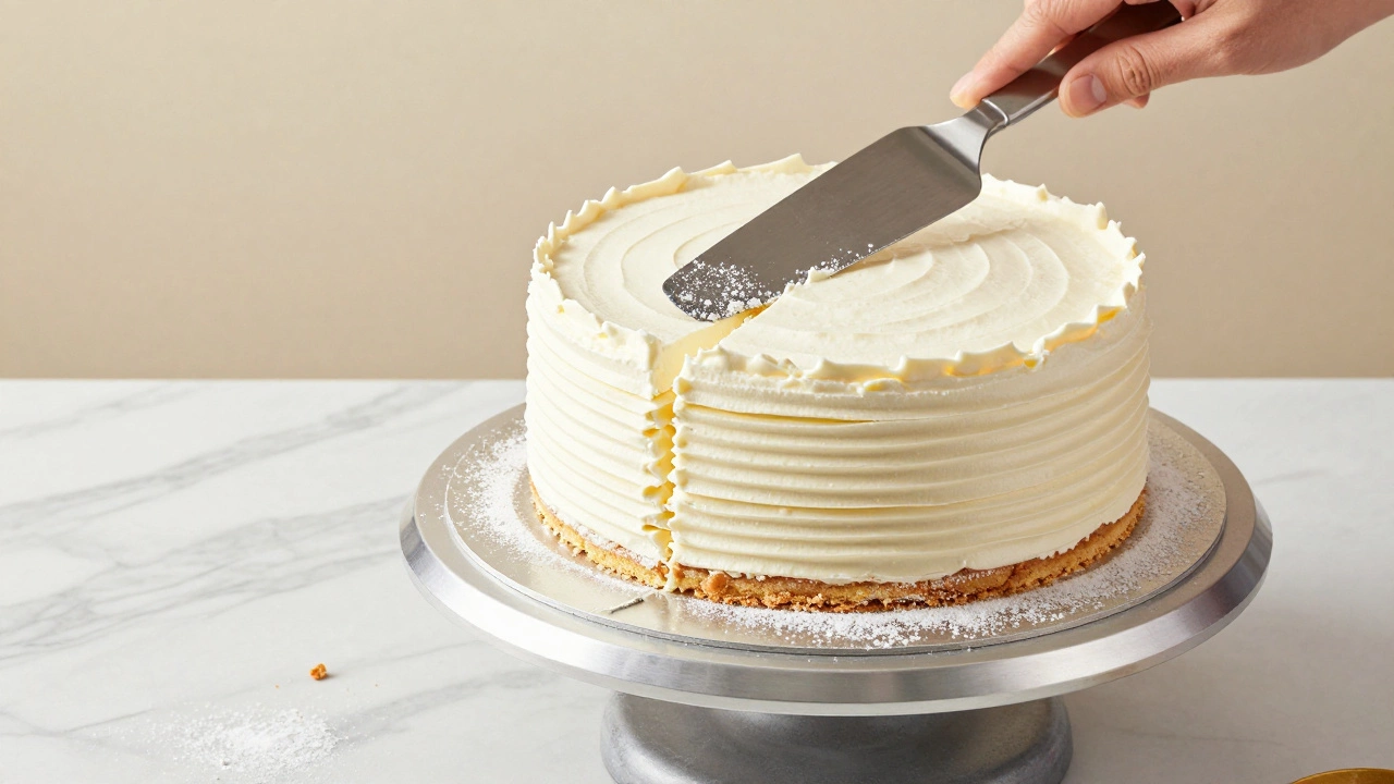 Процесс выравнивания многослойного торта с помощью кондитерского скребка и шпателя на вращающемся столике