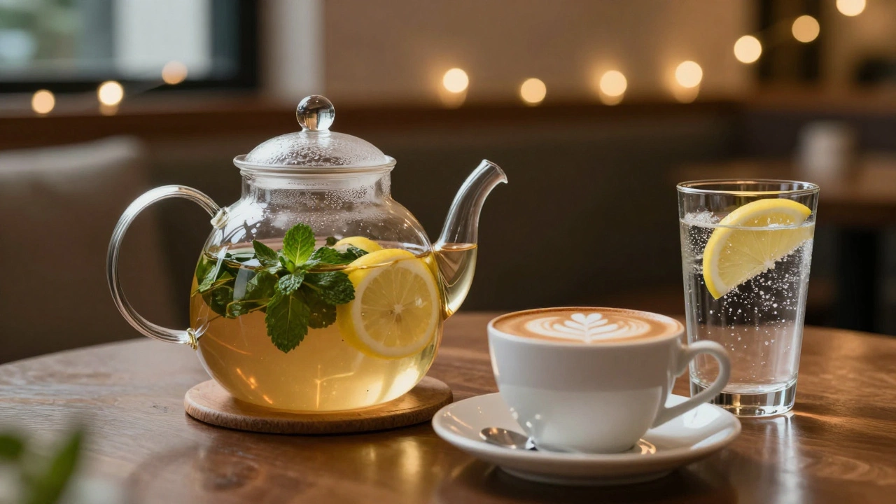Разнообразные напитки: травяной чай в прозрачном чайнике, кофе и стакан воды