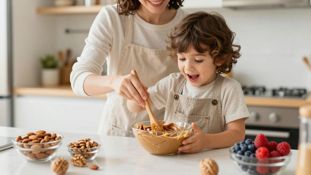 Ребенок и родитель вместе готовят полезную ореховую пасту на кухне