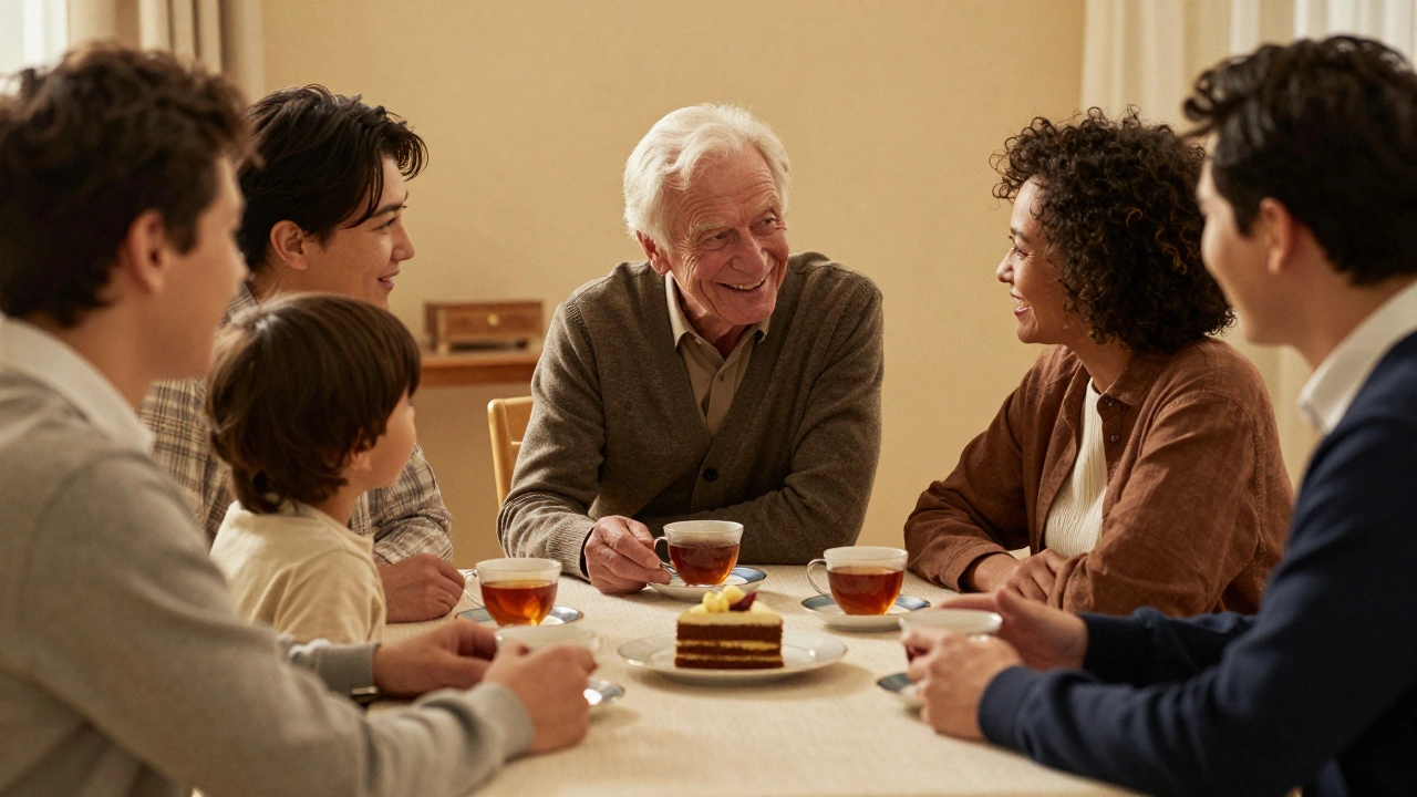 Счастливая компания людей за уютным чаепитием