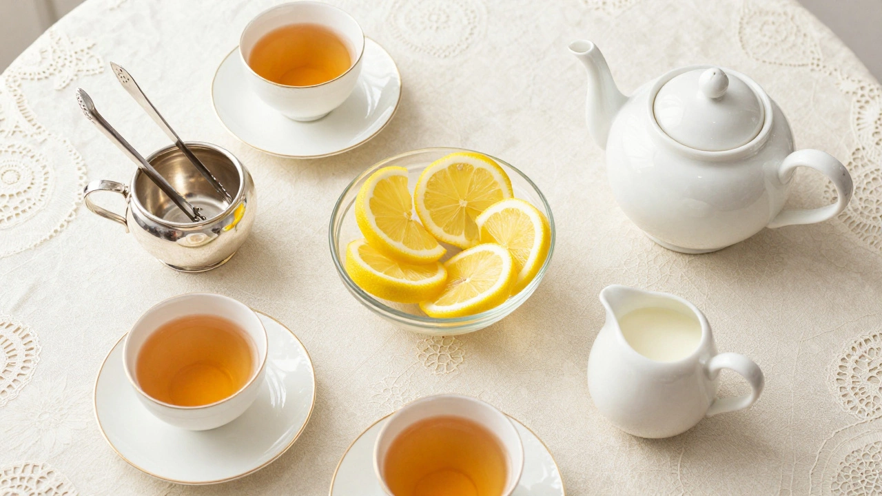 Сервировка стола с сахарницей, дольками лимона и сливочником