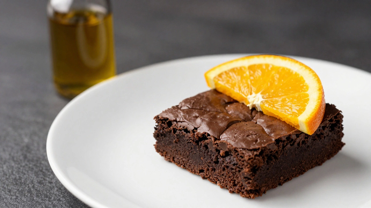 Шоколадный брауни с долькой апельсина и бутылочкой смеси масел