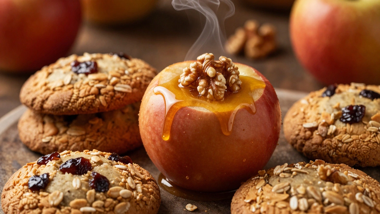 Запеченное яблоко с медом и орехами и овсяное печенье на теплом фоне