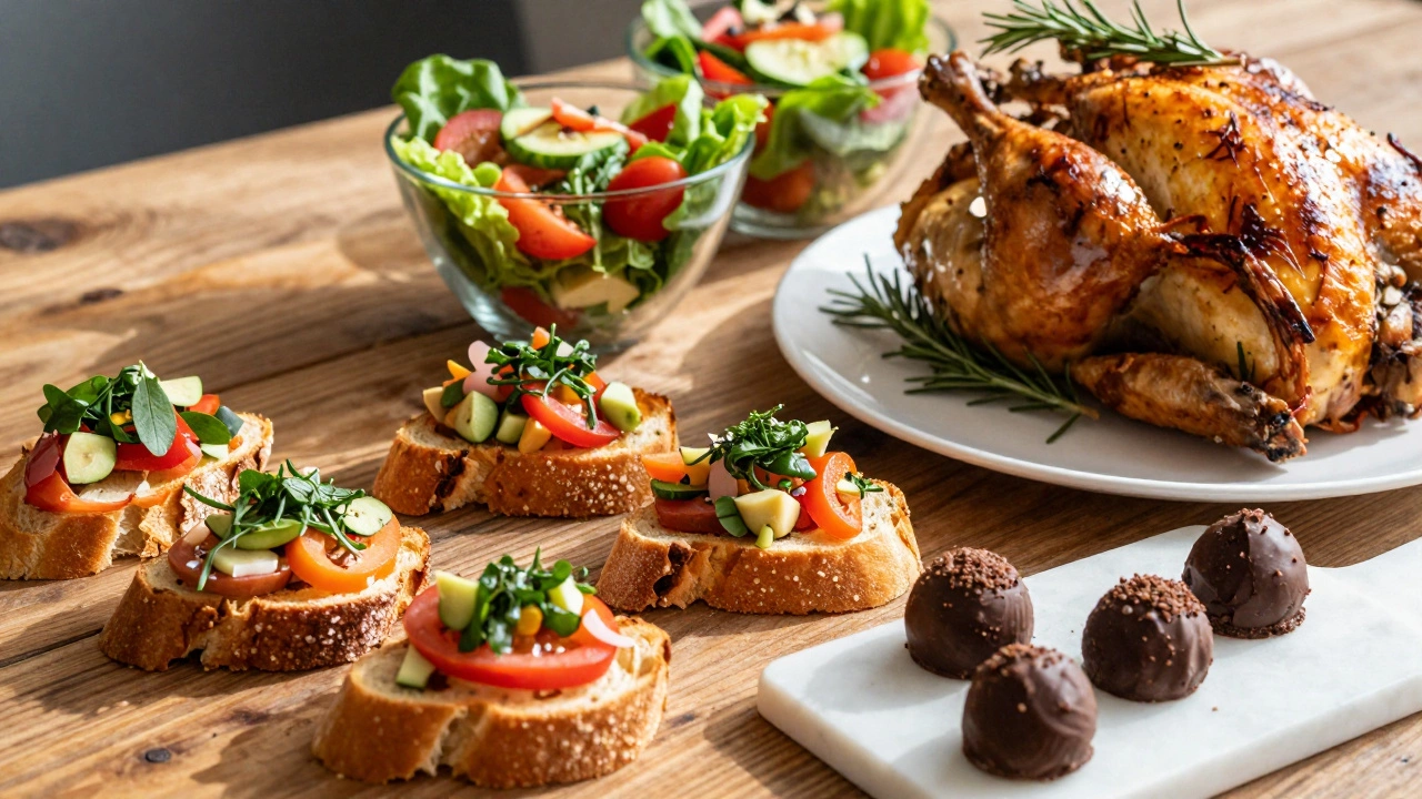 Баланс вкусов: свежие закуски, горячее блюдо и десерты на столе