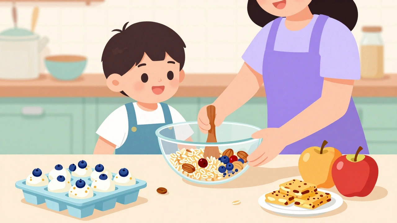 Ребенок и родитель готовят здоровые десерты из ягод и овсянки на кухне